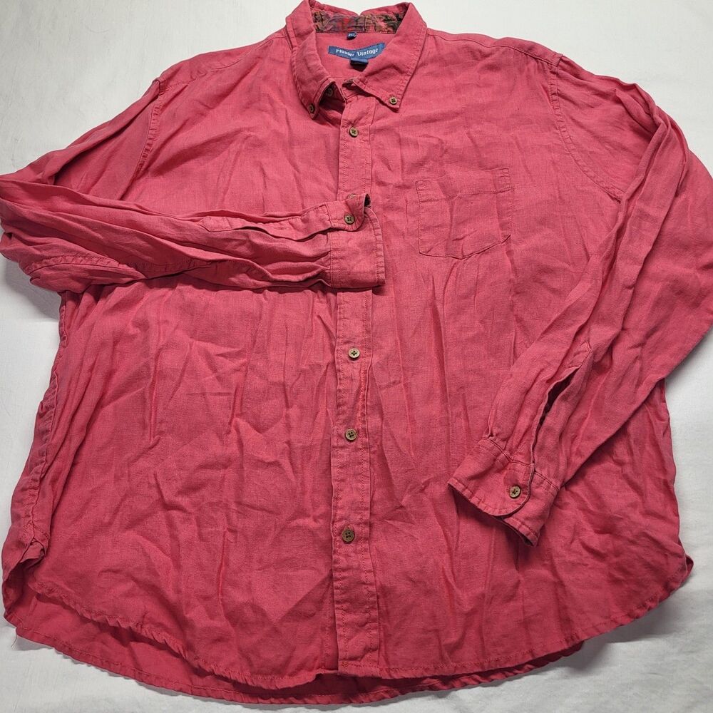 Vintage Flusser 100% Linen Pink Flip Cuff Shirt Mens XXL Alan Bright Button Up